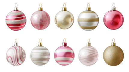 A collection of elegant Christmas glass ornament balls in various colors isolated on transparent background