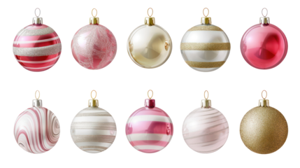 A collection of elegant Christmas glass ornament balls in various colors isolated on transparent background