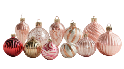 A collection of elegant Christmas glass ornament balls in various colors isolated on transparent background