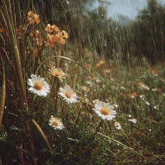 Vibrant Wildflowers Blooming Under Gentle Rainfall, Celebrating Nature's Beauty and Serenity in a Lush Green Landscape