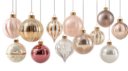 A collection of elegant Christmas glass ornament balls in various colors isolated on transparent background
