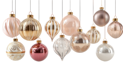 A collection of elegant Christmas glass ornament balls in various colors isolated on transparent background