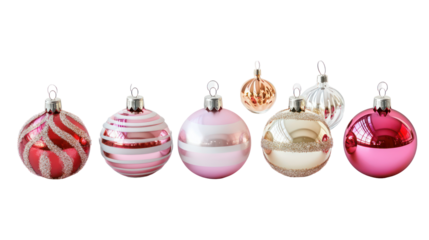 A collection of elegant Christmas glass ornament balls in various colors isolated on transparent background