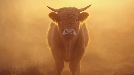 A majestic bull stands in the golden light of the setting sun, a captivating portrait.