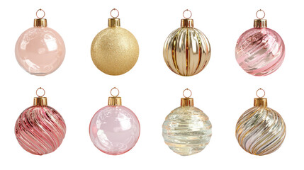 A collection of elegant Christmas glass ornament balls in various colors isolated on transparent background