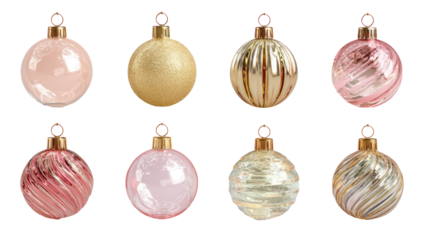 A collection of elegant Christmas glass ornament balls in various colors isolated on transparent background