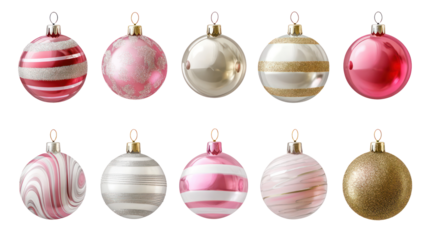 A collection of elegant Christmas glass ornament balls in various colors isolated on transparent background