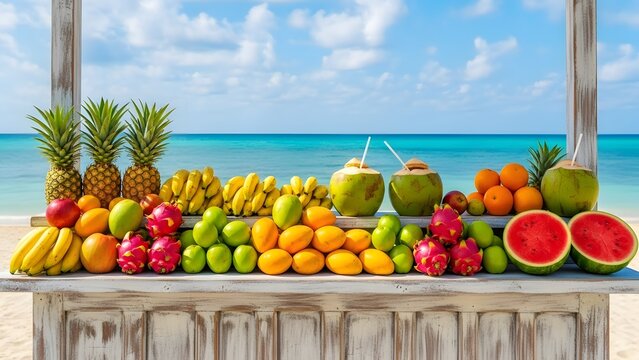 Colorful tropical fruit stand on beach with variety of fruits.