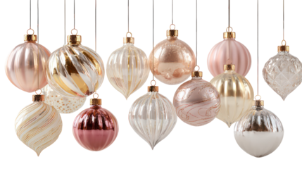 A collection of elegant Christmas glass ornament balls in various colors isolated on transparent background