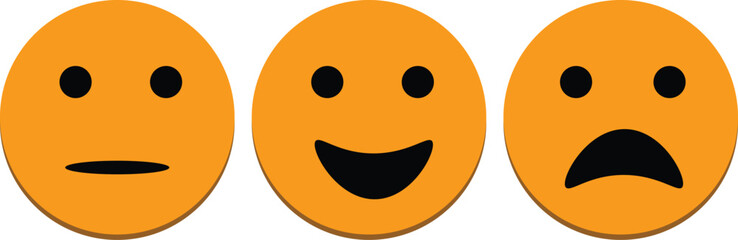Fototapeta premium Three orange emoji faces depicting neutral, happy, and sad emotions, illustrating a range of human feelings and expressions.