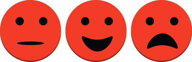 Fototapeta premium Three red emoji faces showing neutral, happy, and sad expressions side by side on a white background.