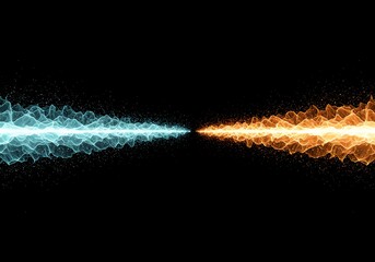 Abstract visualization showing energy transitioning between a precise localized particle and an extended flowing wave form, duality, fundamental, rendering