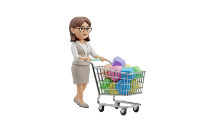 Woman with Shopping Cart Full of Colorful Geometric Shapes