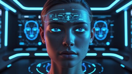Woman's face with digital facial recognition biometric HUD scan