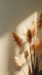Elegant Dried Grasses Casting Soft Shadows on a Warm Wall, Evoking a Calm and Serene Ambiance in Interior Decor