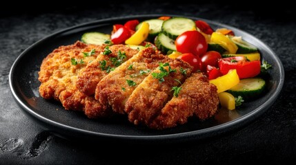 Three pieces of breaded meat are arranged neatly on a black plate. Fresh vegetables like cucumbers tomatoes and bell peppers surround the meat. This scene is set for dinner time in a restaurant.