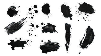 A set of black paint spots splatter isolated on transparent background