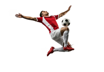 Soccer player in midair kicking ball isolated on transparent background