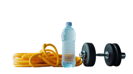 Active lifestyle concept with jump rope dumbbells and water bottle isolated on transparent background