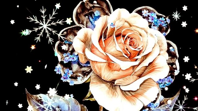 レトロなバラの花と雪の結晶黒背景のキラキラ効果黒ゴス動画背景