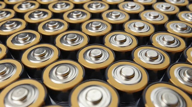 High Angle View of Many New AA Batteries Organized in Rows