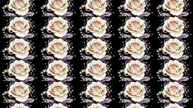 レトロなバラの花と黒背景の雪の結晶キラキラ効果が並ぶ黒ゴス動画背景