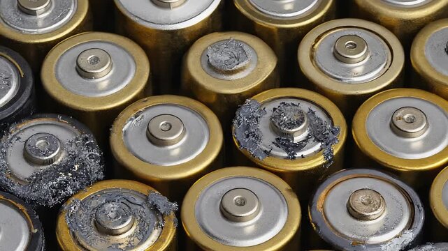 Close Up of Leaking and Corroded AA Batteries in a Dense Stack