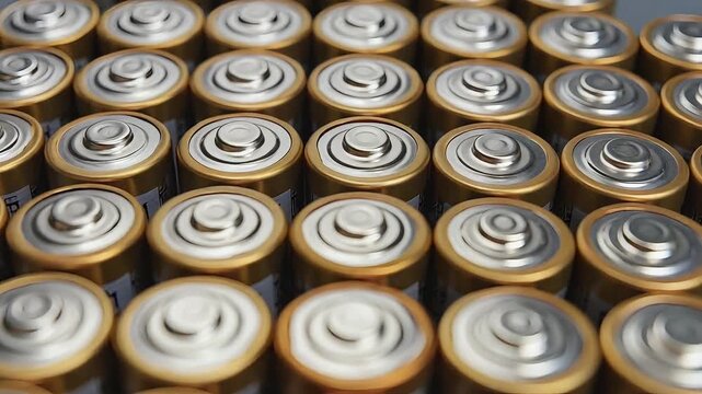 High Angle View of Multiple Golden AA Batteries Arranged in Rows