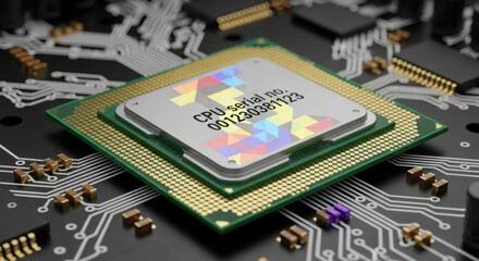 Macro shot of a central processing unit chip with golden and silver layers, placed on a dark circuit board, displaying the intricate hardware components.