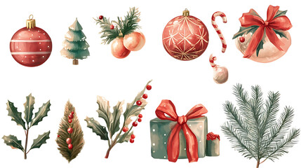 Watercolor Christmas elements collection festive holiday ornaments gifts and pine branches for festive design isolated on whit