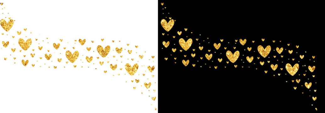Wavy glittering golden hearts Golden heart on a glittering pathway  A gold heart with glitter on it isolated on a transparent background Pattern Gold heart confetti bursts horizontally across a black 