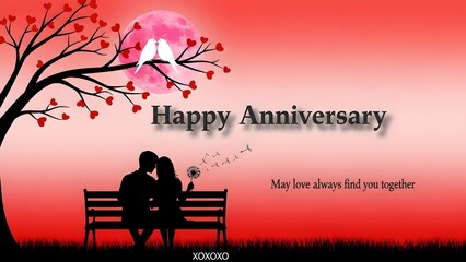 Romantic silhouette of a couple sitting closely on a park bench beneath a heart-filled tree under a pink moon wishing happy anniversary