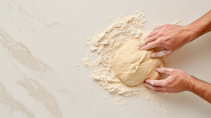 Hands kneading dough on floured surface, homemade baking preparation, top view, natural light