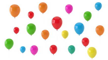 Colorful balloons floating in air on white background isolated on transparent background