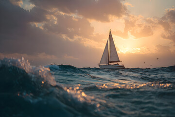 a sailboat is sailing in the ocean at sunset