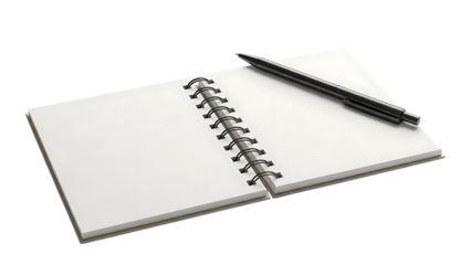 Blank notebook with pen on white background isolated on transparent background