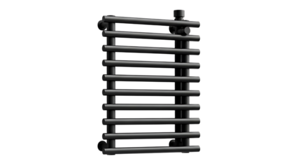 Modern black towel rail for bathroom isolated on transparent background