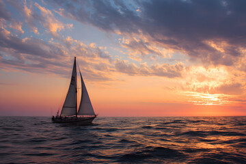 a sailboat sailing in the ocean at sunset