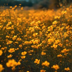 Vibrant Field of Golden Yellow Flowers Bathed in Soft Natural Light Under a Clear Blue Sky