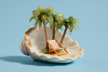 a miniature beach scene with a chair and palm trees