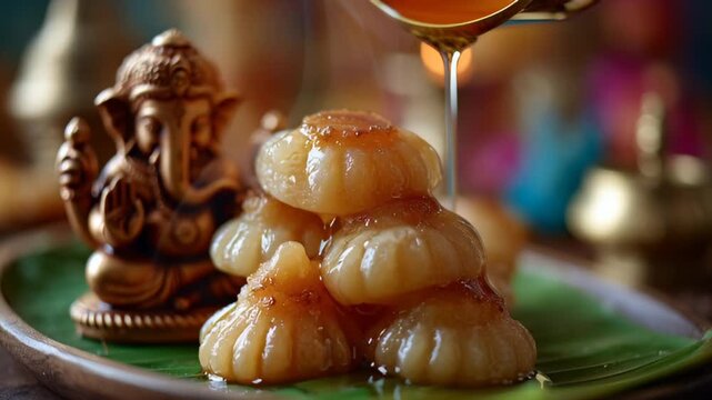 Golden Ganesha Idol With Sweet Modak Prasadam Drizzled With Honey On A Banana