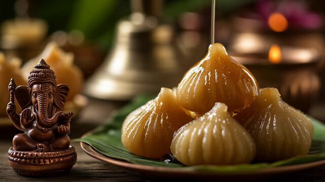 Golden Honey Drizzles Onto Sweet Modak Dumplings Beside Lord Ganesha Idol