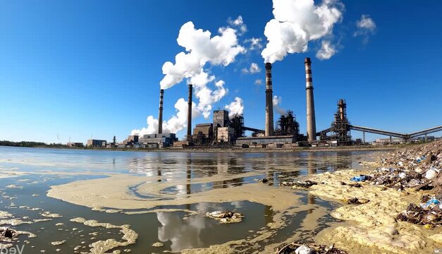 Smoking factory chimneys on shore of polluted water body with garbage and industrial waste, freshwater pollution problem