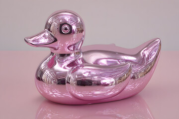 a shiny pink duck sitting on a pink surface
