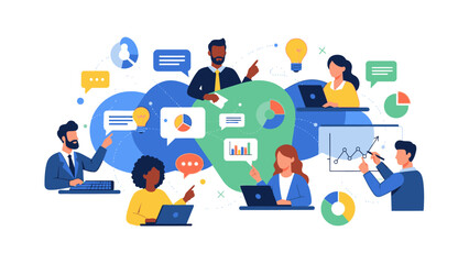 Illustration of diverse business team collaborating in a corporate meeting with laptops and graphs, conveying a productive mood with blue and green hues on a clean white background.