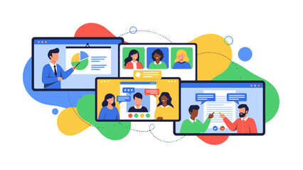 A vibrant illustration of a corporate meeting with diverse team members on multiple screens against a colorful background, conveying teamwork and business collaboration.