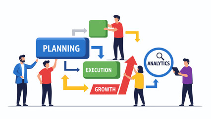 Illustration of business professionals engaged in corporate planning, execution, and growth with analytics in a teamwork setting.
