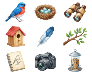 Watercolor Birdwatching Illustration with Bird, Nest, and Binoculars