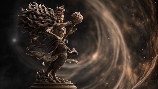 Intricate Gold Deity Statue with Multiple Arms Amidst Cosmic Swirls and Stars