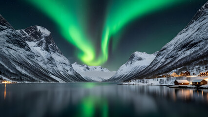 Snow-capped mountains reflecting in a serene lake under the vibrant green aurora borealis at dusk from a distant viewpoint